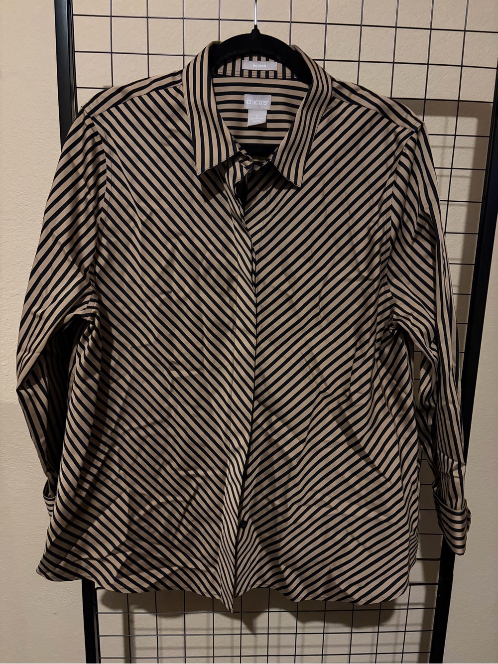 Chico's Black and Taupe No Iron Striped Button-Up Shirt
